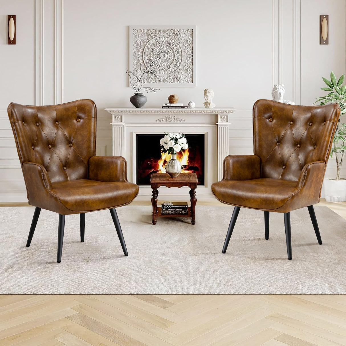 Furniliving PU Leather Accent Chair for Living Room, Upholstered Reading Chair with High Backrest, Tufted-Button Wingback Armchair for Bedroom, Dressing Room, Home Office, Brown Furniliving