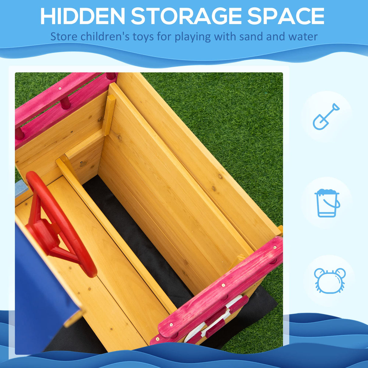 Outsunny Pirate Ship Sandbox with Cover and Rudder, Wooden Sandbox with Storage Bench and Seat, Outdoor Toy for Kids Ages 3-8 Years Old Outsunny