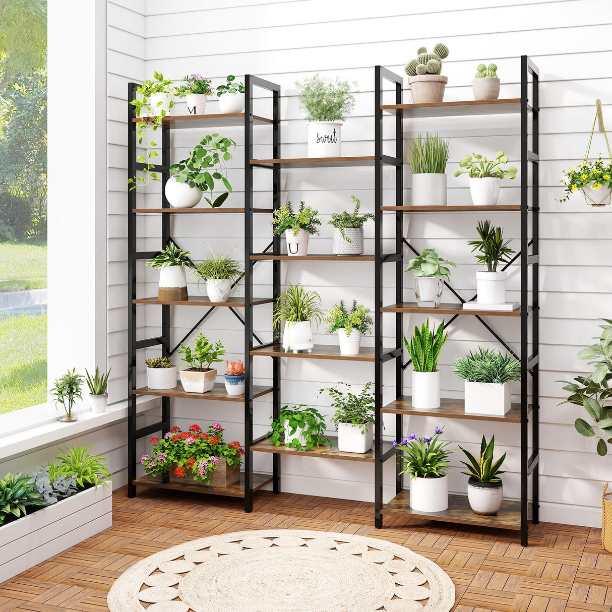 Giantex 5-Tier Industrial Bookshelf, Triple Wide Heavy-Duty Metal Frame Bookcases w/ 14 Open Shelves, Large Floor Standing Display Shelf Rack w/Anti-tip Kits, Storage Shelf for Living Room Study Giantex