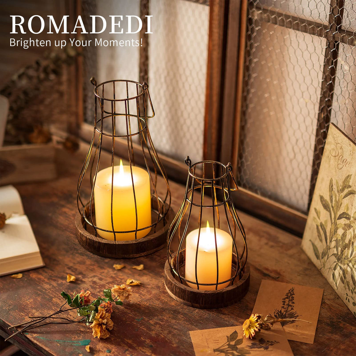 Romadedi Lantern Farmhouse Home Decor - Rustic Candle Holders Decorative Lanterns for Candle Living Room Kitchen Dining Coffee Table Fireplace Mantle Outdoor Romadedi