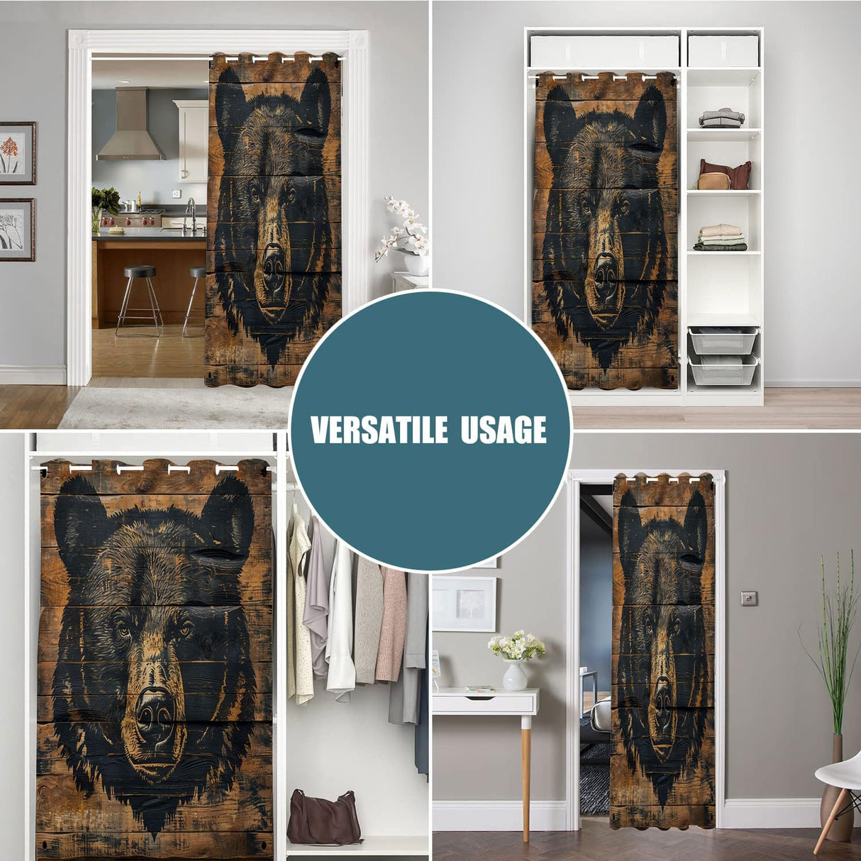 Rustic Lodge Bear Door Curtains for Doorways, Bear Farmhouse Cabin Wooden Art Blackout Curtain for Kids Bedroom Closet, Grommet Thermal Insulated Privacy Door Drapes for Room Divider, 42"W x 80"L Yozeuoo