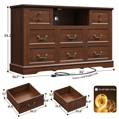 EnHomee 8 Drawers Dresser with Power Outlets and LED Lights, 55 Inch Wide Rustic Wood Dressers & Chest of Drawers for Bedroom, Hallway, Closet, Brown, 55" W x 34.5" H x 15.7" D