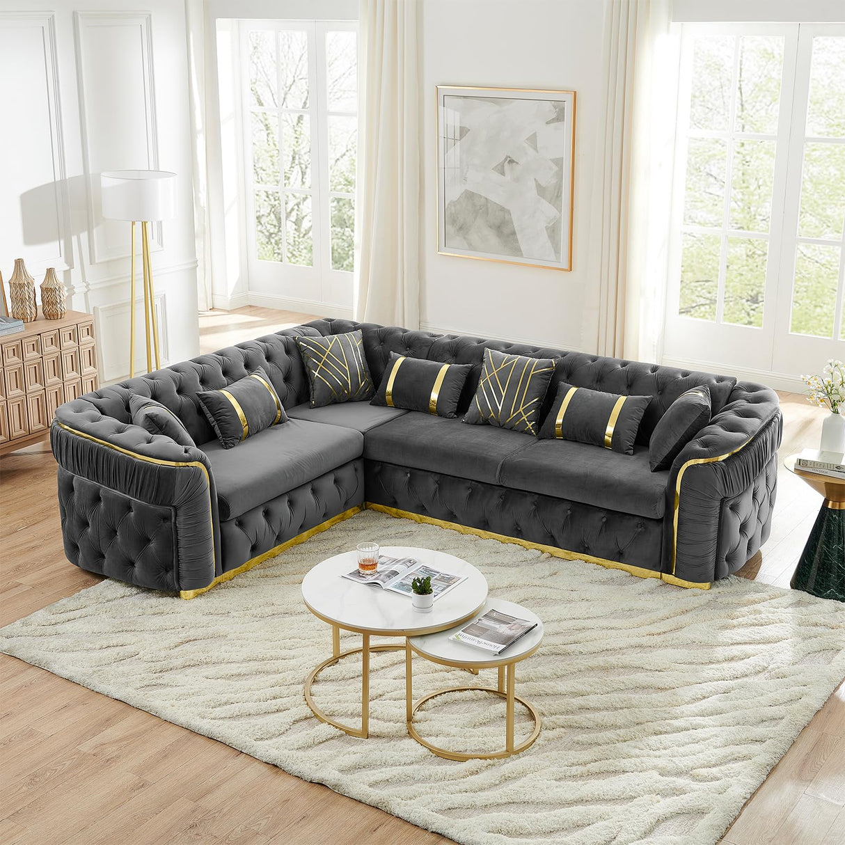 110.5" Luxury Velvet L Shape Chesterfield Sofa Set with Glod Metal Accents, Oversize Victorian Curved Arm Sofa Sectional Couches for Living Room with 7 Pillows, Left Chaise, Gray WIN FORCE