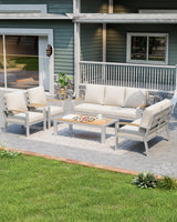 K Knowbody Aluminum Patio Furniture, Light Metal Outdoor 3-Seat Sofa, Curved Armrests, Olefin Cushions, Cast Sectional Sofa Chairs for Balcony, Porch, Backyard, Beige/Silver K Knowbody