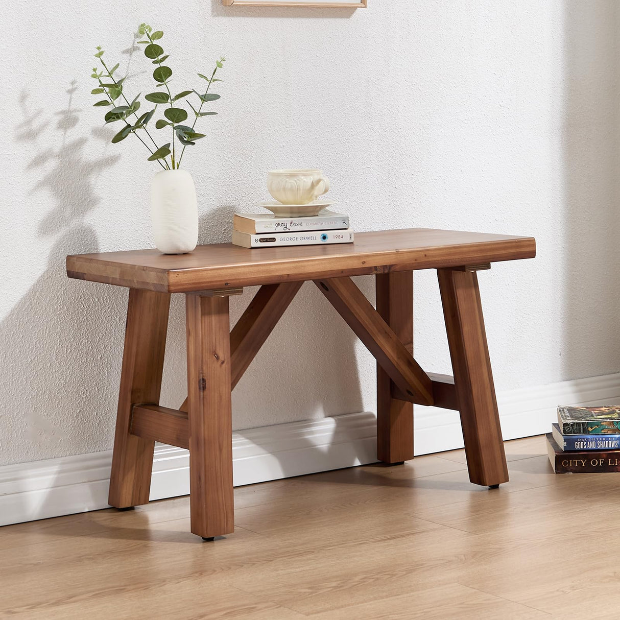 DM Furniture 30" Farmhouse Wood Bench, Solid Wood Entryway Bench Seat Rustic Wooden Entry Way Bench Indoor for Living/Dining Room, Small Hallway Bench, Porch, Handcrafted, Walnut DM Furniture