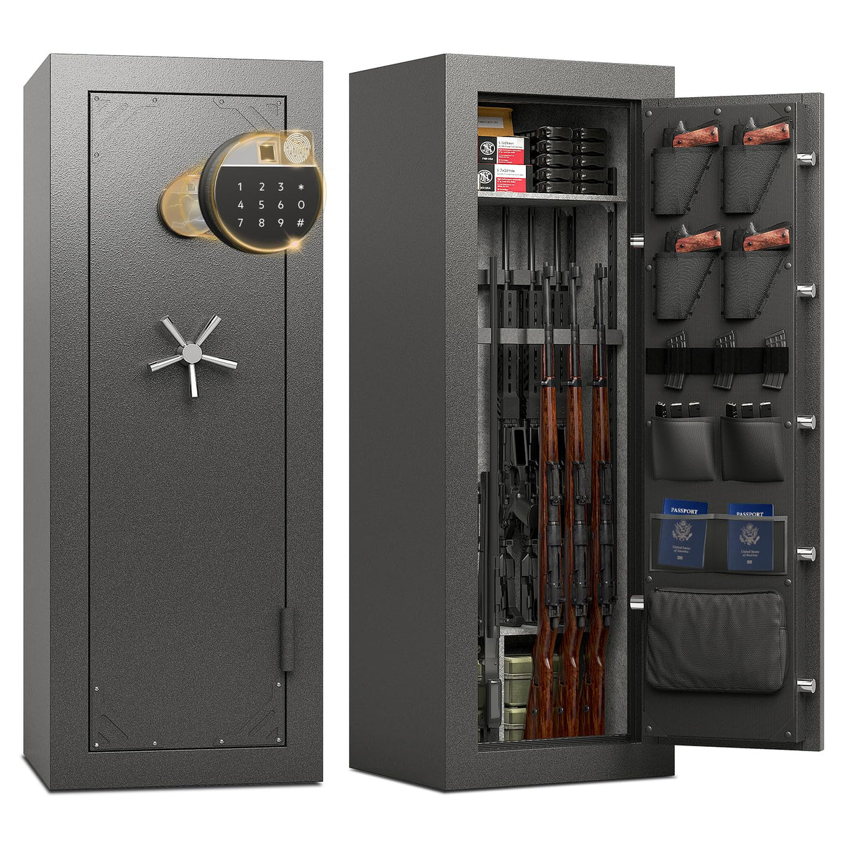 KAER Fireproof Gun Safe, 16-20 Rifle Safe 1400°F / 45 Minutes, Interior 360°Velvet Protection|5 Active Bolts & 2 Deadbolts For Fingerprint Lock, 90-180° Outward-Opening, Storage + Smooth Handle(Grey) KAER