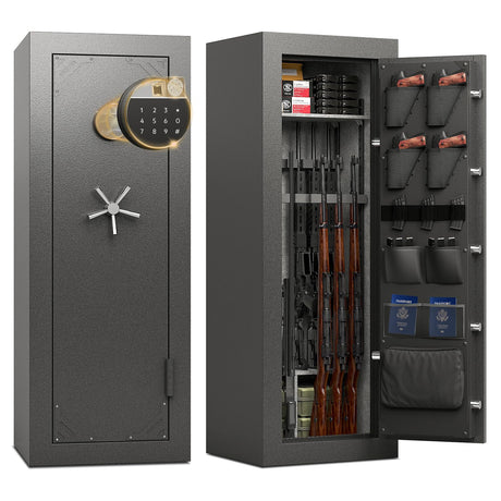 KAER Fireproof Gun Safe, 16-20 Rifle Safe 1400°F / 45 Minutes, Interior 360°Velvet Protection|5 Active Bolts & 2 Deadbolts For Fingerprint Lock, 90-180° Outward-Opening, Storage + Smooth Handle(Grey) KAER