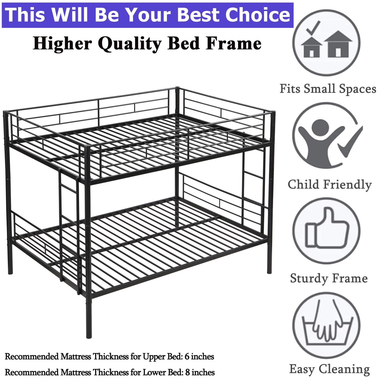 FUSVZ Metal Full Over Full Bunk Bed for Adults, Kids & Teens | Heavy Duty Convertible Bunk Bed with Sturdy Guard Rails & Dual Side Ladders | Space-Saving Durable Metal Frame | Weight Capacity 600LBS FUSVZ