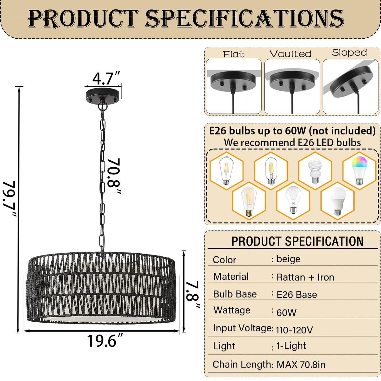 Farmhouse Rattan Chandelier Light Fixture, Black boho Pendant Light Hand Woven Chandeliers for Dining Room with Fabric Shade, Large Wicker Coastal Pendant Light for Kitchen Bedroom Island Hallway JTYP