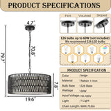 Farmhouse Rattan Chandelier Light Fixture, Black boho Pendant Light Hand Woven Chandeliers for Dining Room with Fabric Shade, Large Wicker Coastal Pendant Light for Kitchen Bedroom Island Hallway JTYP