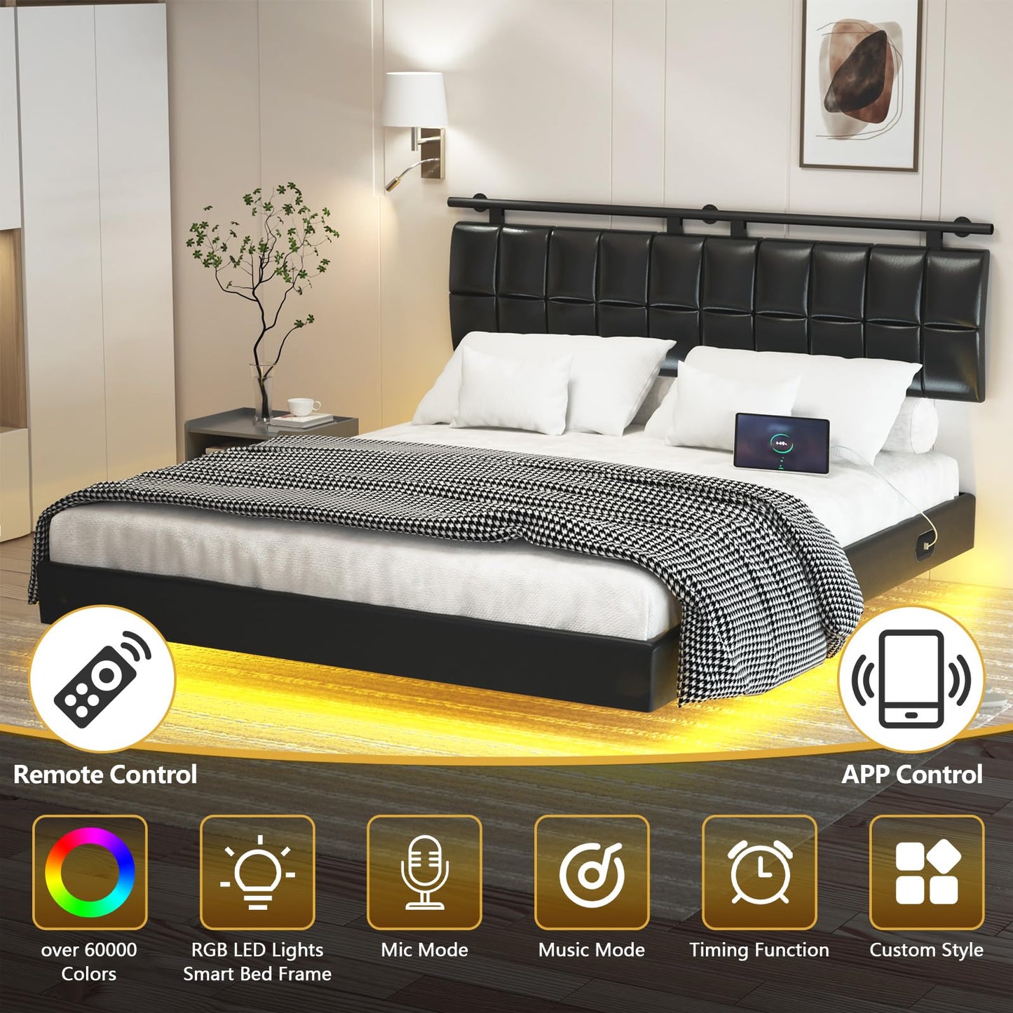 DYHOME Floating Queen Bed Frame with USB Charging Station & LED Lights - WoodArtSupply