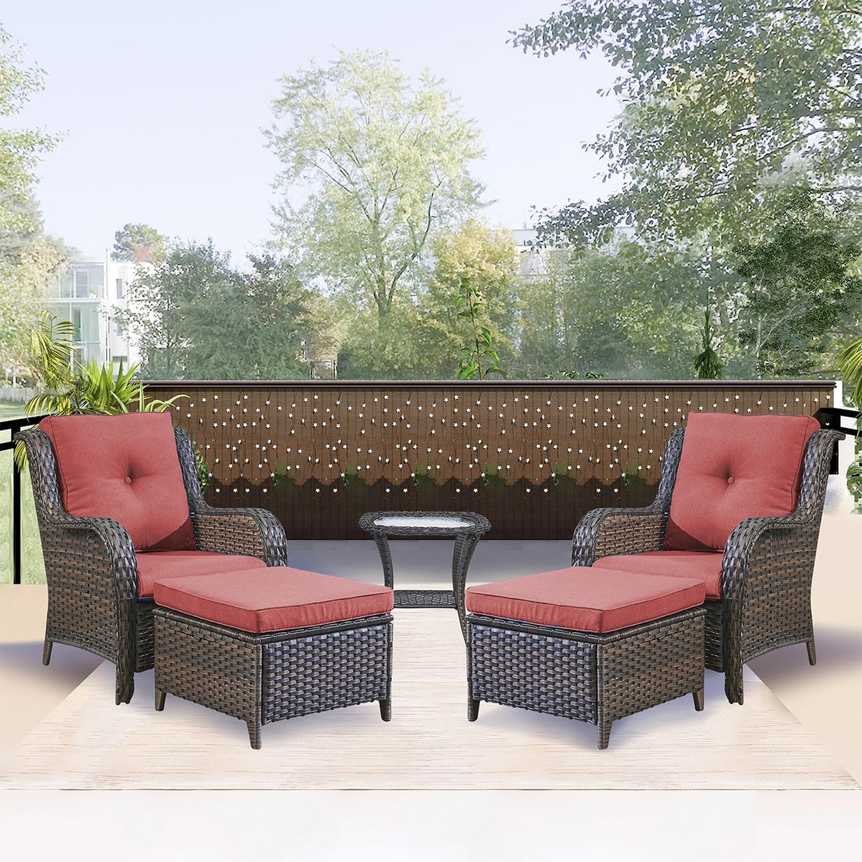 Outdoor Patio Furniture Chairs Set - 5 Piece Wicker Rattan Patio Sectional Conversation Sets with 2 Armrest Chairs,2 Ottomans and 1 Side Table for Porch Deck Balcony Backyard Garden(Brown/Red) Rilyson