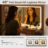 T4TREAM Makeup Vanity Desk with 48" HD Lighted Mirror, Farmhouse Vanity Desk with 8 Drawers, Vanity Table with 3 Color Modes, Dressing Table with Glass Top and Power for Bedroom(Reclaimed Barnwood) T4TREAM