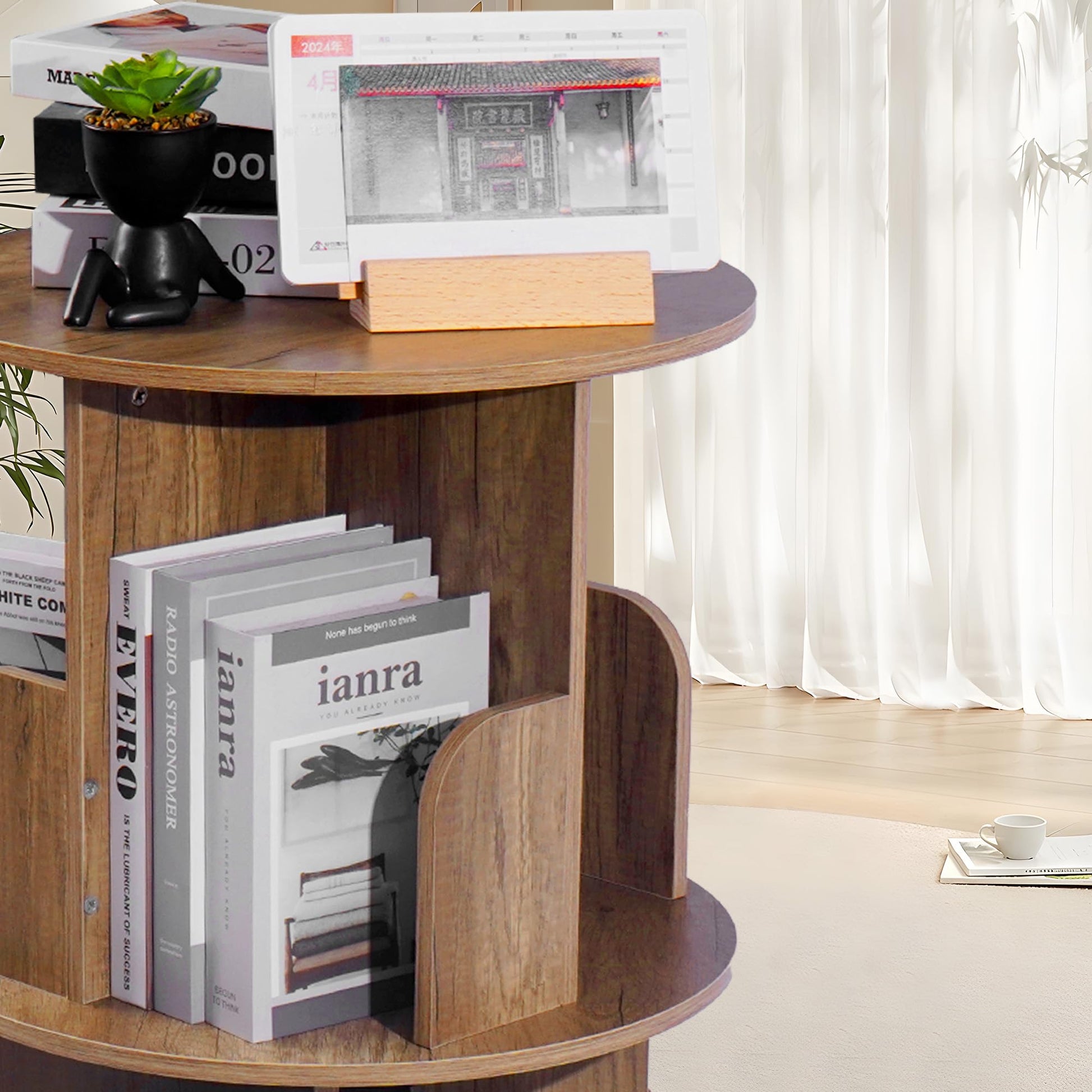 uyoyous 360° Rotating 2-Tier Solid Wood Bookshelf Tower for Small Spaces - Brown - WoodArtSupply