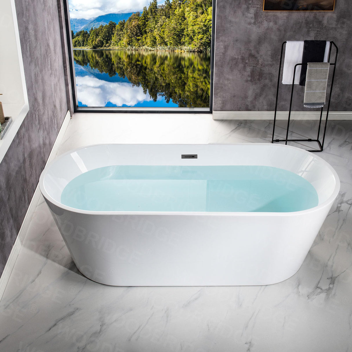 WOODBRIDGE 71" Acrylic Freestanding Bathtub Contemporary Soaking White Tub with Matte Black Overflow and Drain,White,B1701 MB WOODBRIDGE
