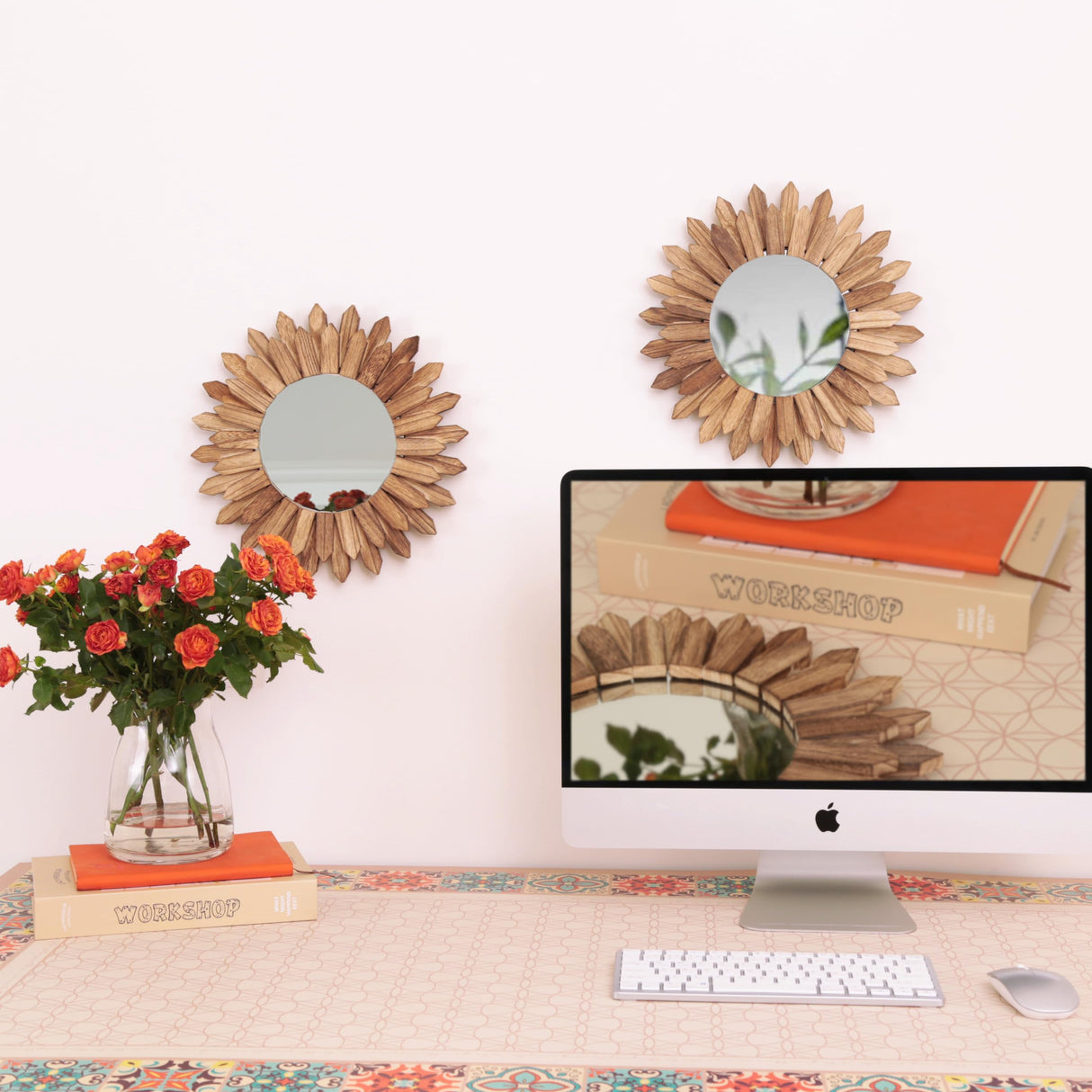 LOSOUR 2 Pack Boho Wall Decor Sunburst Mirror 12 inch Rustic Round Wood Mirror Boho Mirror Farmhouse Wall Decor for Bedroom Living Room Entryway LOSOUR