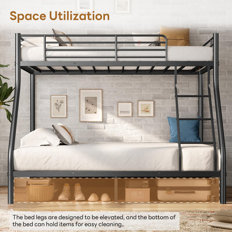 SogesSleep Bunk Beds Twin Over Full Size, Heavy Duty Metal Bunk Bed Frame with Angled Ladder for Teens and Adults, for Spaces-Saving, Smooth Rounded Edges, Noise Free & Easy Assembly, Black SogesSleep
