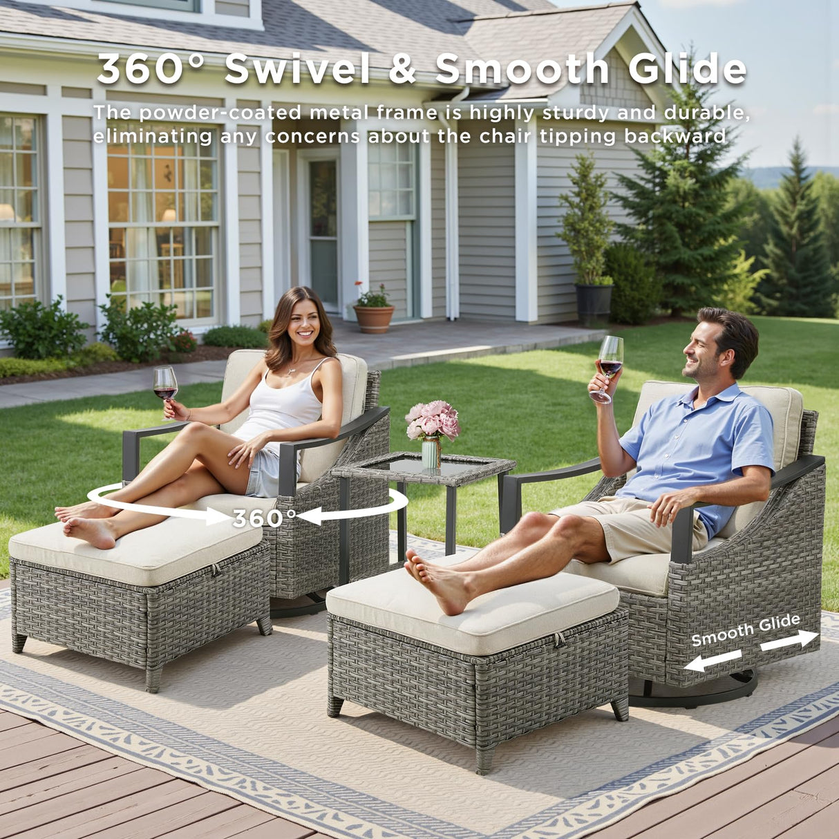 10 Piece Outdoor Patio Furniture Set-All Weather Outdoor Conversation Sets Sectional Sofa with Wicker Swivel Rocker Patio Chairs, Thick Cushions Ottomans for Porch Balcony Patio Deck Grey/Beige PLANNTONNEO