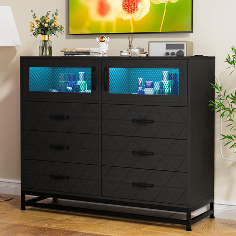 MilleLoom Dresser for Bedroom with LED Lights and Charging Station, 6 Drawer Double Dresser with 2 Shelves, Wide Modern Wooden Chest of Drawers for Bedroom, Entryway, Hallway, Black MilleLoom