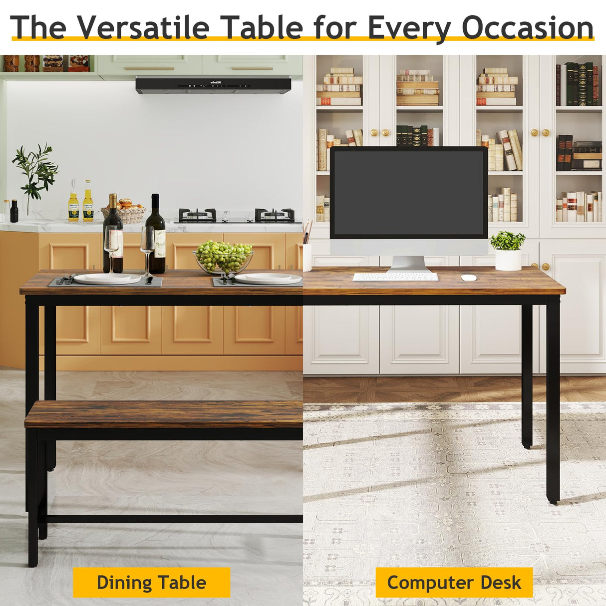 Rovibek 43" Dining Table Set for 4, Modern Space Saving Kitchen Breakfast Table with Benches & Adjustable Feet, Wooden Industrial Style Farmhouse, Brown Rovibek