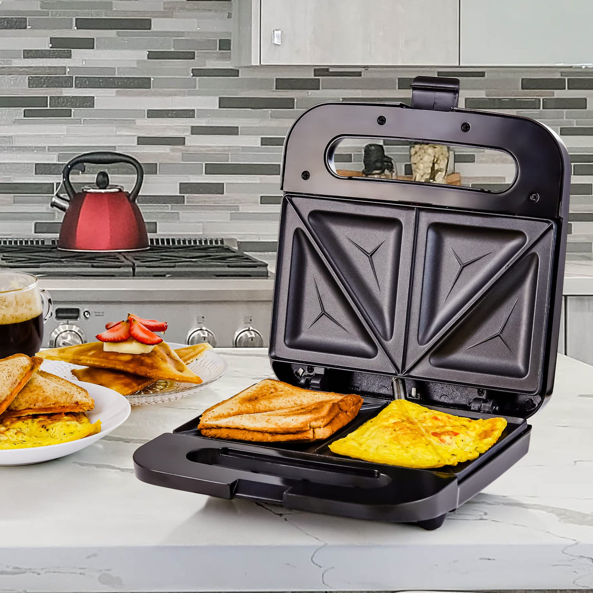 OVENTE Electric Sandwich Maker with Non-Stick Plates, Indicator Lights, Cool Touch Handle, Easy to Clean and Store, Perfect for Cooking Breakfast, Grilled Cheese, Tuna Melts and Snacks, Black GPS401B OVENTE
