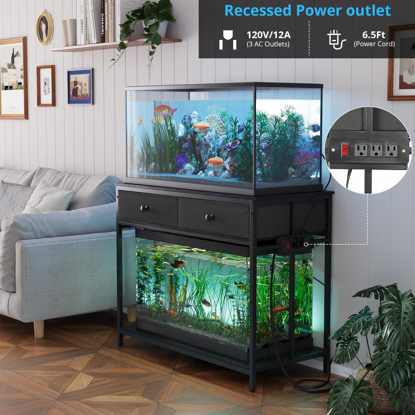 VOWNER 40 Gallon Aquarium Stand with Power Outlet, Metal Frame Fish Tank Stand with Cabinet Storage, Double Turtle Reptile Terrariums Tank Stand, 39.4" L*18.9" W Tabletop, 660LBS Capacity, Bl - WoodArtSupply