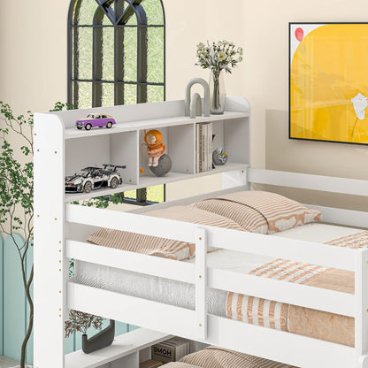 Harper & Bright Designs Full Over Full Bunk Bed with Bookcase Headboard and Storage in White - WoodArtSupply