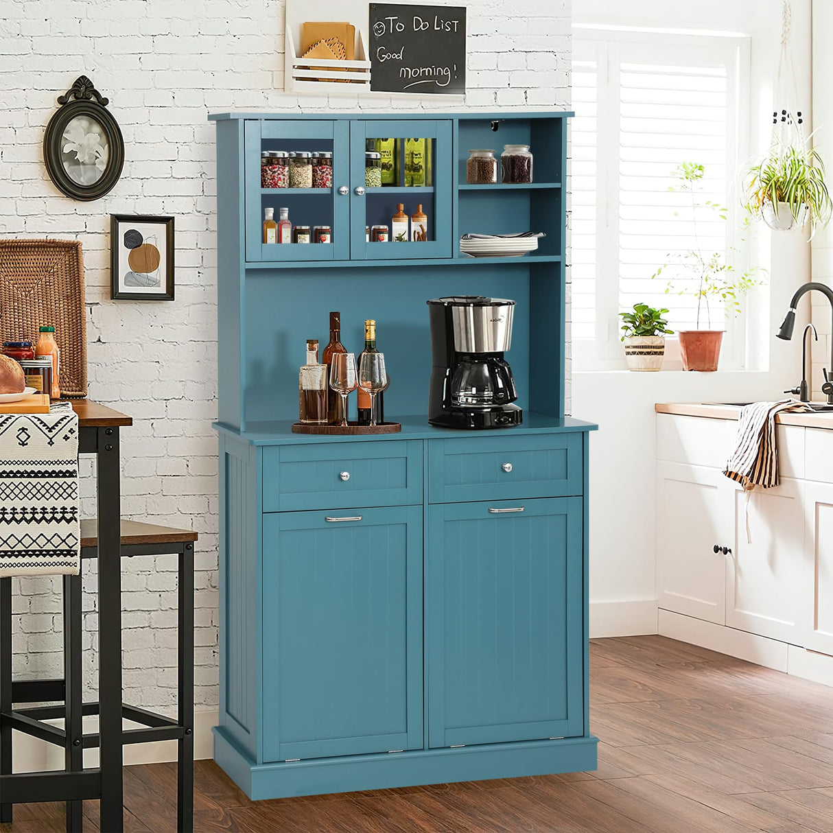 YOCONYO Double Tilt Out Trash Cabinet Storage Cabinet 20 Gallon with Two Solid Wood Hideaway Trash Holder Drawers, Dual Wooden Free Standing YOCONYO