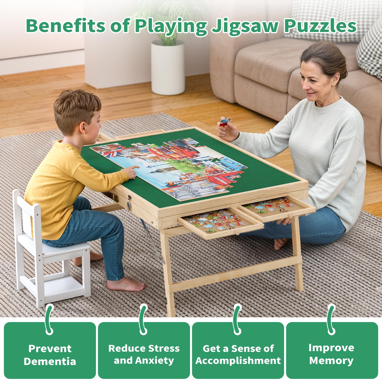 Puzzle Table with Drawers for Adults - Jigsaw Puzzle Table with Rotating 1500 Piece Puzzle Board, Portable Puzzle Table with Foldable Legs, Tilting Puzzle Board with Cover, Present for Puzzle - WoodArtSupply