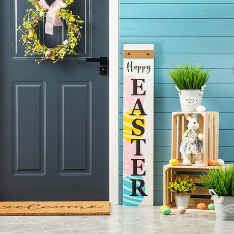 Glitzhome Wooden Happy Easter Sign for Front Porch Door Rustic Farmhouse Style Hanging Welcome Porch Sign with Colored Eggs Primitive Outdoor Sign, 42”H glitzhome