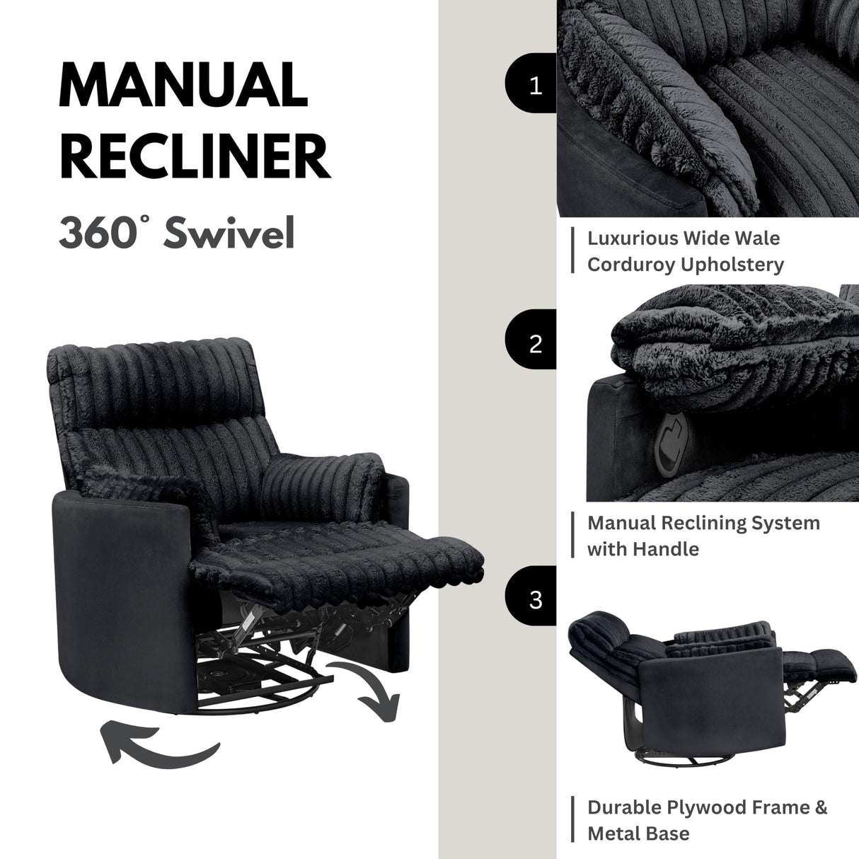 Roundhill Furniture Bocaton Wide Wale Corduroy Upholstery Manual Recliner, Black Roundhill Furniture
