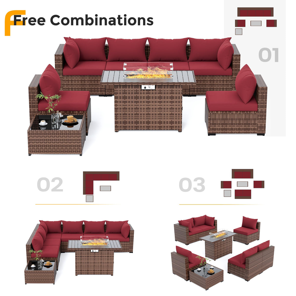 UDPATIO Outdoor Patio Furniture Set with Fire Pit Table, 8 Piece Outdoor Sectional Sofas, All-Weather Wicker Patio Conversation Set for Garden, Backyard Wine UDPATIO