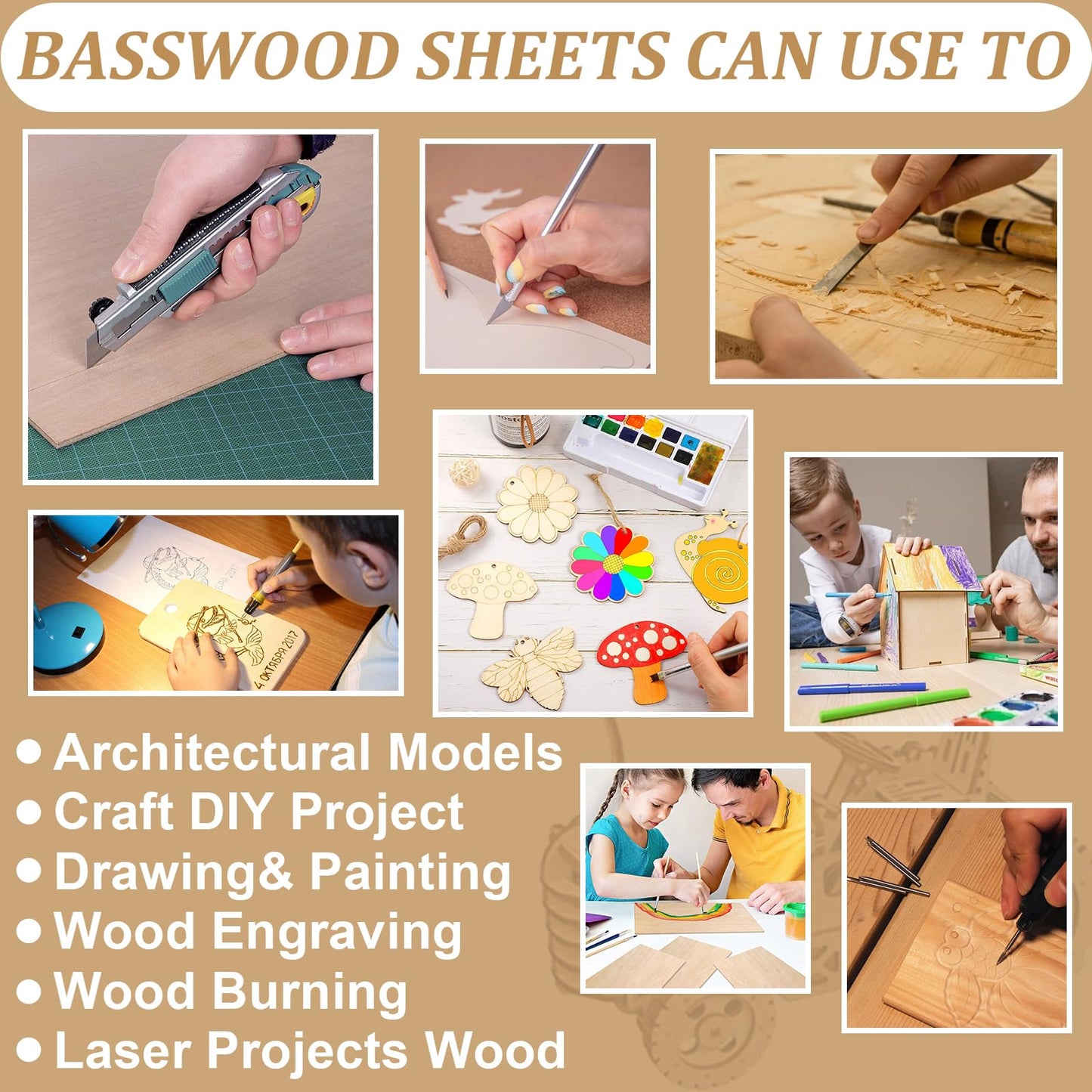 12 Pack Basswood Sheets for Crafts, 16 x 16 Inch, 3mm Thick Plywood Sheets with Smooth Surfaces, Unfinished Squares Wood Boards for Laser Cutting, Wood Burning, Architectural Models, Staining - WoodArtSupply