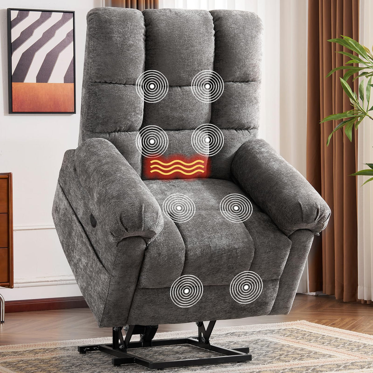 RUTOX Oversized Power Lift Recliner Chair for Elderly, Electric Lift Chair with Masssage and Heat, Overstuffed Power Recliner for Adults, 3 Positions,USB Ports, Side Pockets,Grey RUTOX