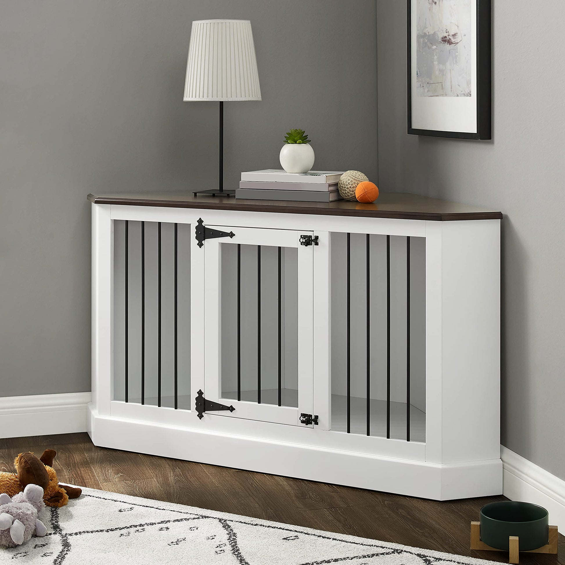 Crosley Furniture Winslow Corner Dog Crate Credenza Kennel for Pets, White - WoodArtSupply