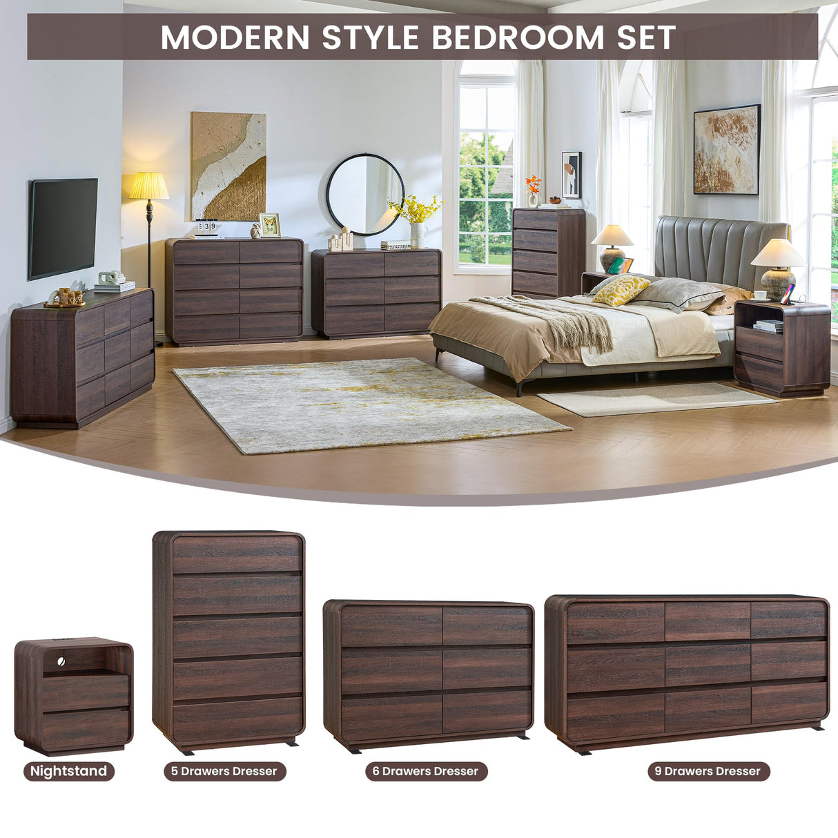 Standifurno 9 Drawer Double Dresser for Bedroom, Modern Curved Wood Chest Drawers of Handleless, Large Storage Dresser Bedroom, Living Room, Entryway, Walnut Standifurno