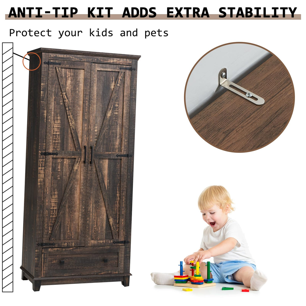 LUXOAK Farmhouse Kitchen Pantry Cabinet, 72" Tall Storage Cabinet with Adjustable Shelves & Barn Doors, Freestanding Kitchen Cupboard for Dining Room, Living Room, Dark Rustic Oak LUXOAK