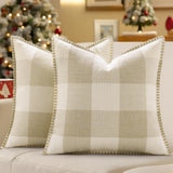 decorUhome Christmas Buffalo Plaid Check Throw Pillow Covers 18x18 Set of 2, Outdoor Linen Decorative Farmhouse Gingham Pillow Covers with Stitched Edge for Bed Couch Sofa, Cream White and Beige decorUhome