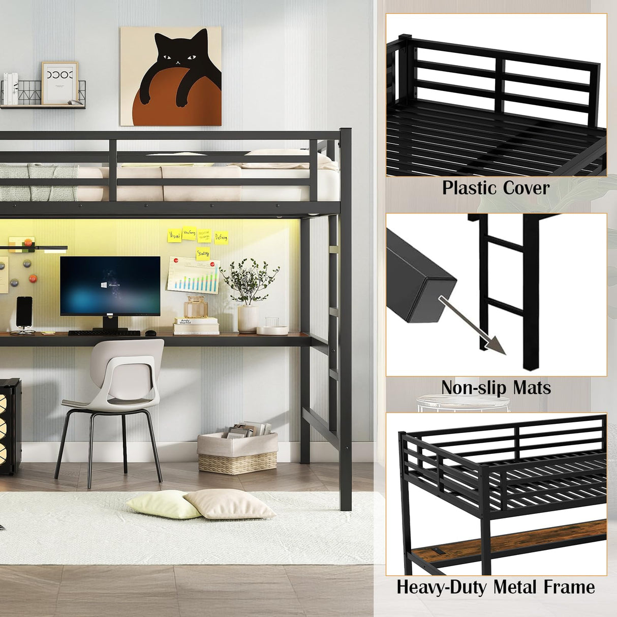 MAKIAAP Full Loft Bed with Desk, Metal High Loft Bed with LED Lights, Charging Station, Full Loft Bed Frames for Kids, Junior, Space Saving, Noise Free, Black (Black, Full) MAKIAAP