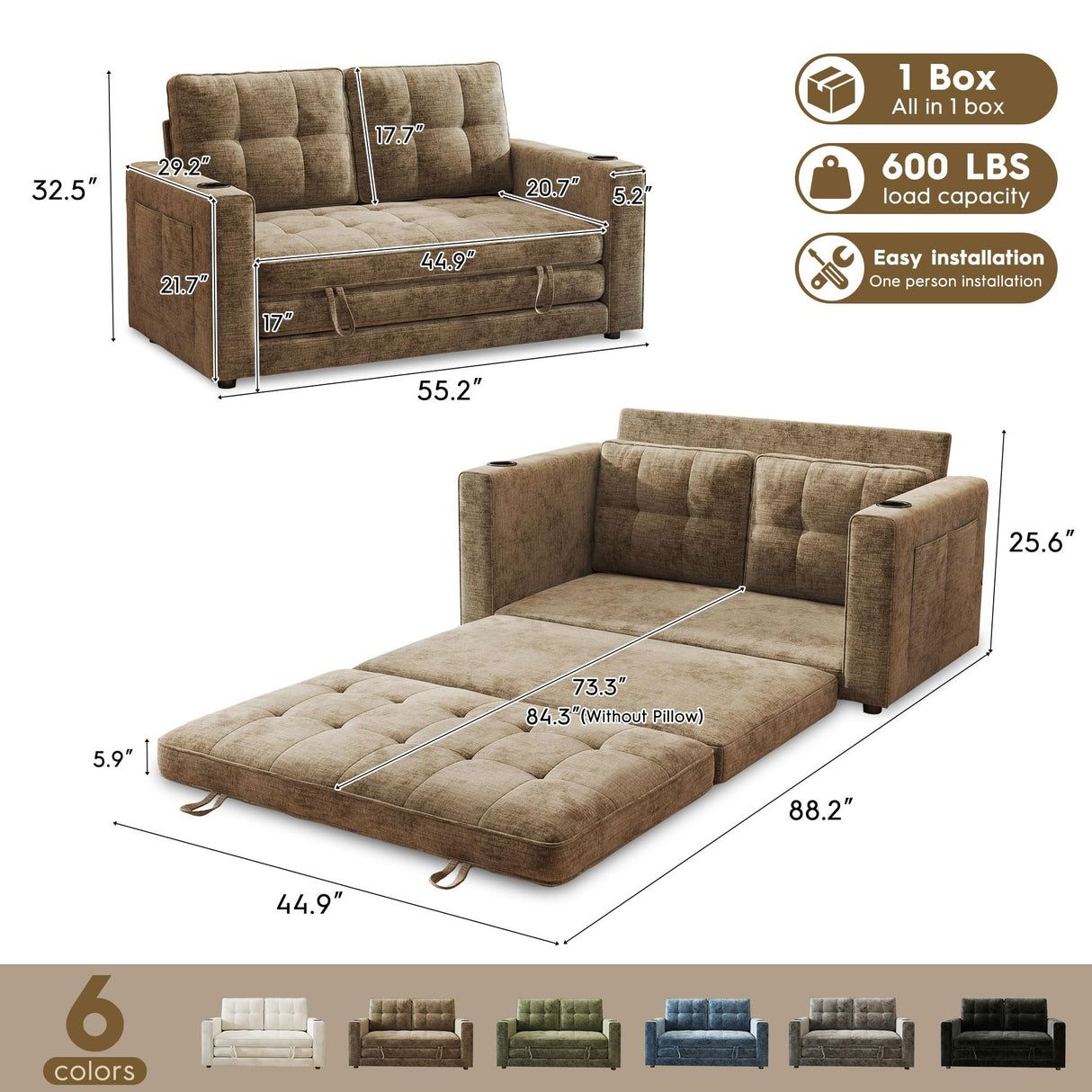 55" Convertible Folding Sofa Bed, Pull Out Couch Love Seat Sleeper Bed, Small Fold Out Loveseat Sleeper with Cup Holder and Pillow for Small Space, Bedroom Lounge, Dorm, Living Room(Brown Chenille) Urhanherry