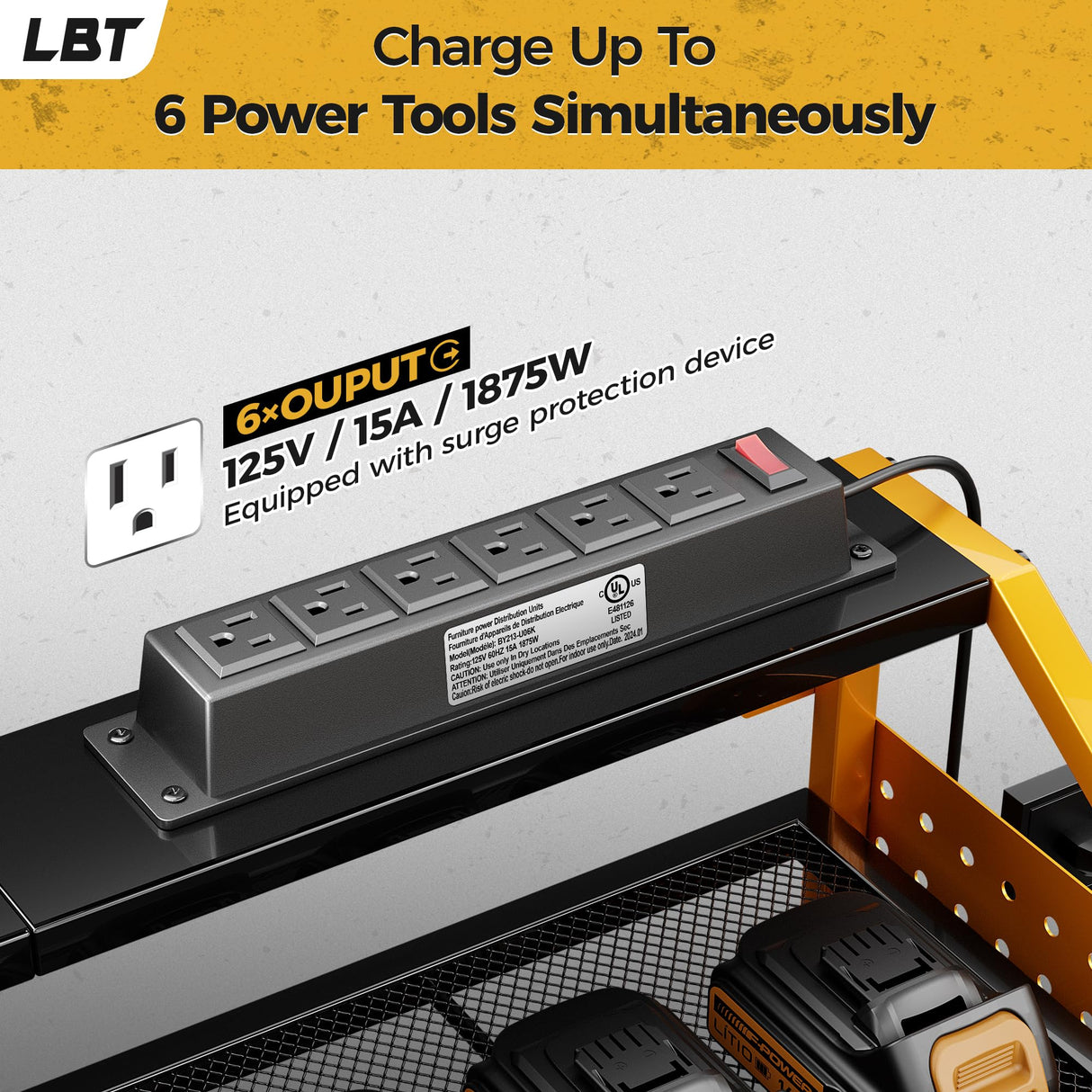 LBT Power Tool Organizer With Charging Station,Patented,Heavy Duty Steel,6 Drilling Rig Sizes With Hooks And Screw Boxes,6 sockets,Easy To Install Garage Storage Rack,Great Gift For Men, Yellow LBT