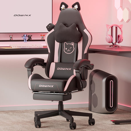 Dowinx Gaming Chair Cute with Cat Ears and Massage Lumbar Support, Ergonomic Computer Chair for Girl with Footrest and Headrest, Comfortable Reclining Game Chair 290lbs for Adult, Teen, Black Dowinx