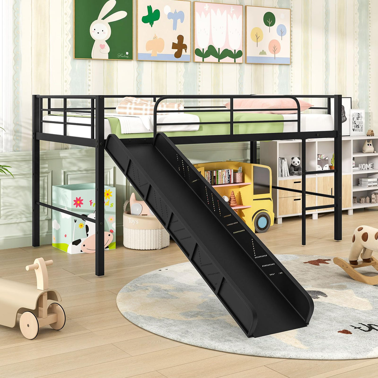 Giantex Low Loft Bed with Slide, Metal Twin Loft Bed Frame with Climbing Ladder, Guardrail & Storage Space for Kids Toddler, Black Giantex