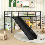 Giantex Low Loft Bed with Slide, Metal Twin Loft Bed Frame with Climbing Ladder, Guardrail & Storage Space for Kids Toddler, Black Giantex