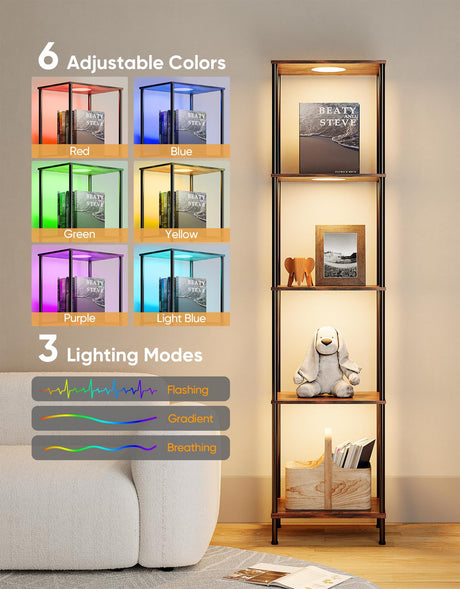 Display Shelf with RGBCW Light, Color Changing Curio Cabinet Floor Lamp with Shelves Corner Standing Column Lamp Etagere Organizer Tower Nightstand Bookcase for Living Room Bedroom Office Décor, Brown PARTPHONER