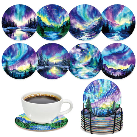 Sitsink Northern Lights Diamond Painting Coasters - 8 Pcs DIY Northern Lights Diamond Art Coaster Landscape Themed Art Craft Kit for Adult Beginners Craft Gifts Home Decors Sitsink