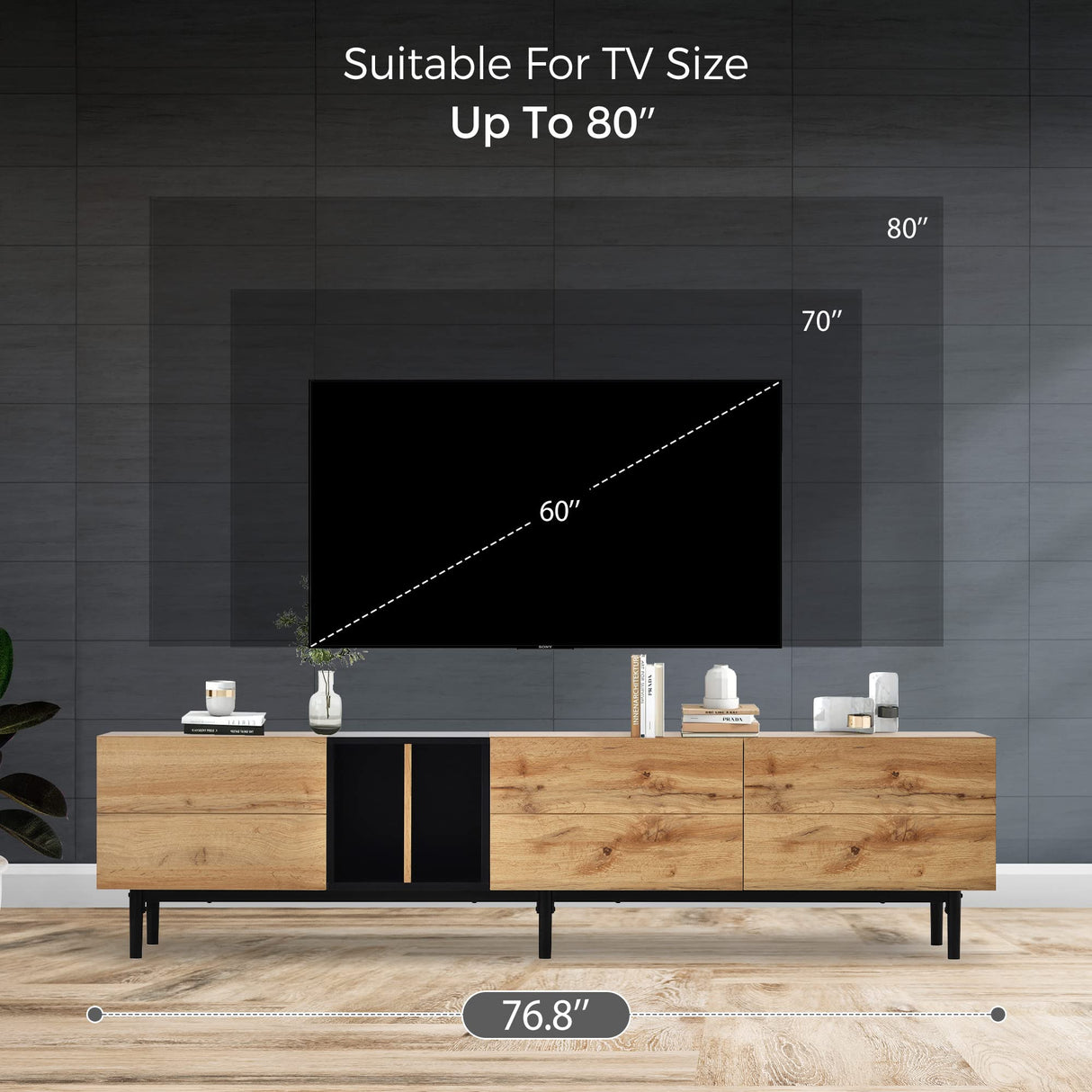 LUMISOL Modern TV Console Table for 80" TV, TV Stand with 3 Cabinets and Open Shelves, Wood Entertainment Center TV Media Table with Ample Storage for Living Room, Bedroom, Natural Wood LUMISOL