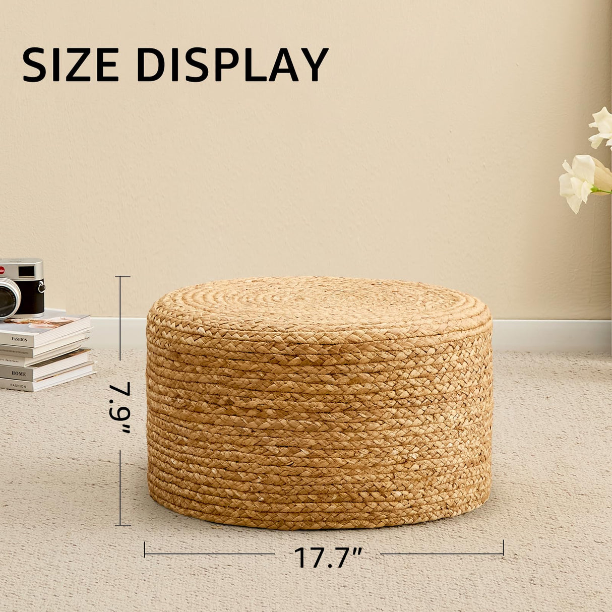 Wimarsbon Round Pouf Ottoman, Natural Hand Knitted Footrest Poof, Rustic Lounge Pouffe, Boho Pous Foot Stool, Accent Table or Seat (Natural Water Hyacinth, 17.7 * 17.7 * 9.84) Wimarsbon