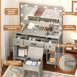 Greenvelly Makeup Vanity with Lights, Grey Farmhouse Vanity Desk with Lighted Mirror, 3 Lighting Modes, Brightness Adjustable, Dressing Table with Drawers, Vanitys Table Set for Women, Girls Greenvelly