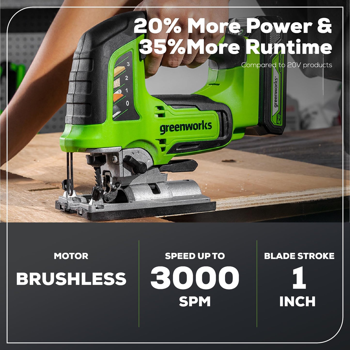 Greenworks 24V Cordless Jig Saw,3000 SPM Brushless 1 Inch Stroke Length Jigsaw with 6PCS Blades,4 Orbital Settings,45 Degree Cutting Angle,Tool-Free Blade Changing - WoodArtSupply